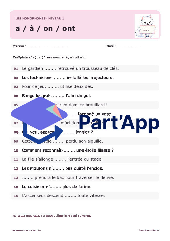 🐾 Mes fiches homophones a / à et on / ont – 2 niveaux | 2 CHF 🐾_2