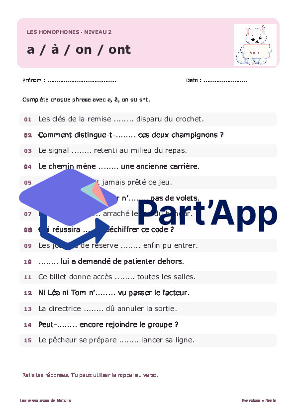 🐾 Mes fiches homophones a / à et on / ont – 2 niveaux | 2 CHF 🐾_4