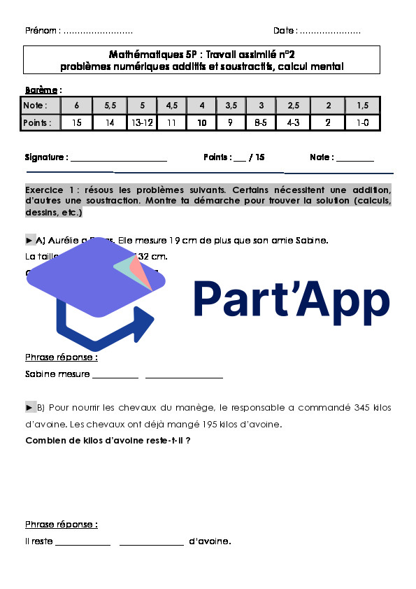 TA Mathématiques 5P – Problèmes additifs et soustractifs & calcul mental_2