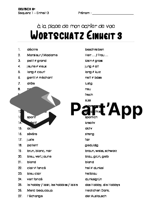 Allemand 8e - Einheit 3 - Liste de vocabulaire, fiche et jeu_2