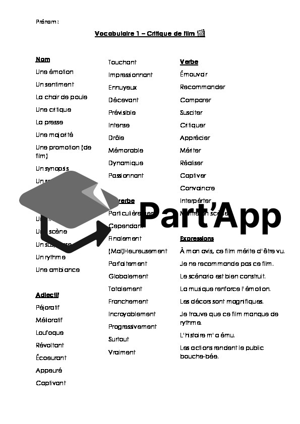 Vocabulaire et exercices sur la CRITIQUE DE FILM - PARCOURS 8P_2