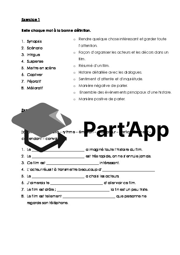 Vocabulaire et exercices sur la CRITIQUE DE FILM - PARCOURS 8P_3
