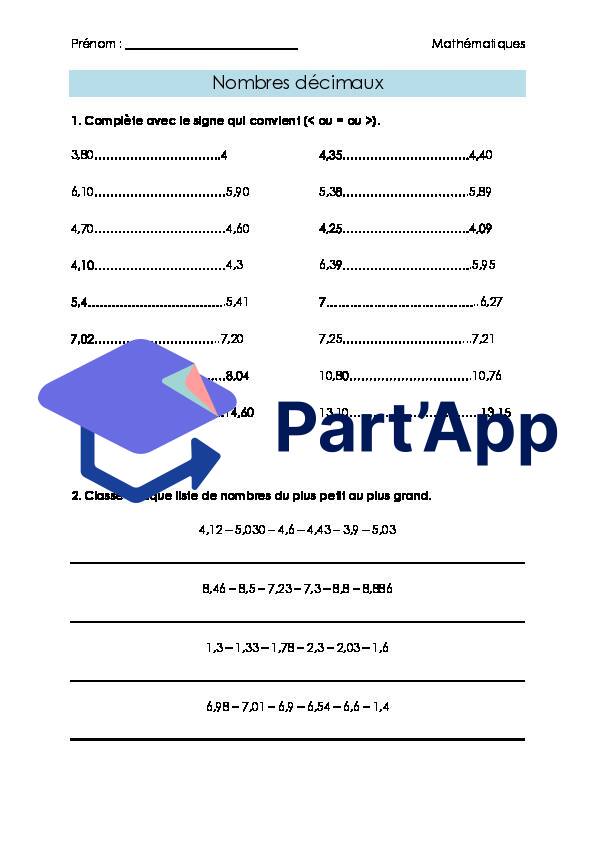 Part'App | Maths 7H-8H - Nombres décimaux 2 (fiche d'exercices)