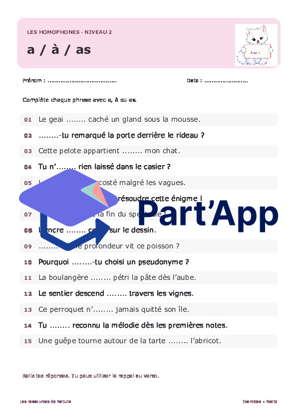 🐾 Mes fiches homophones a / à / as – 2 niveaux | 2 CHF 🐾_4