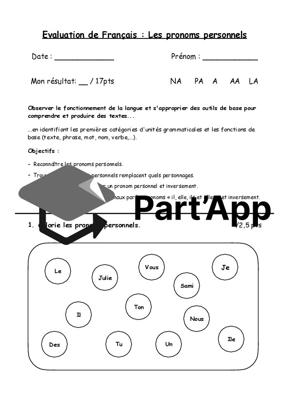 Evaluation de Français : Les pronoms personnels_2