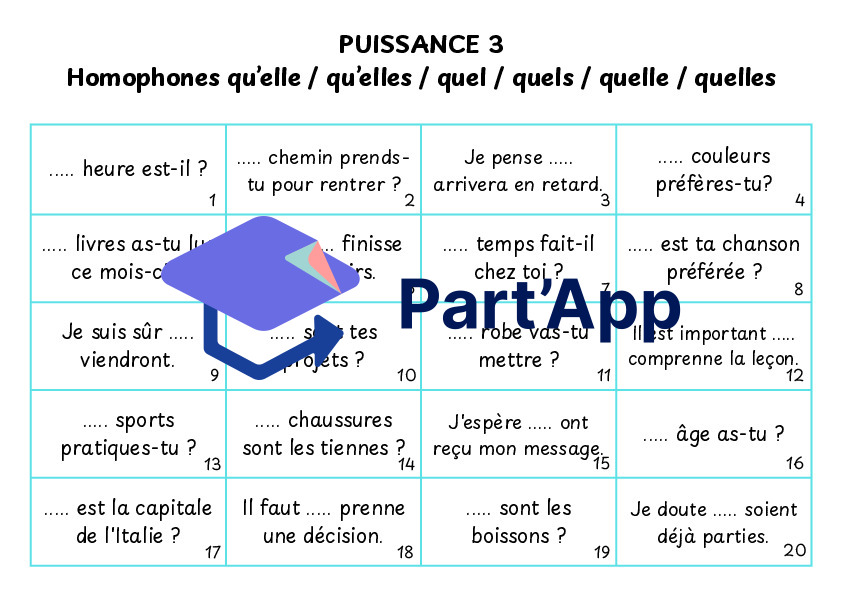 Puissance 3 des homophones (qu’elle / qu’elles /quel / quelle / quels / quelles)_4