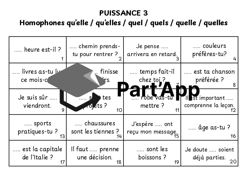 Puissance 3 des homophones (qu’elle / qu’elles /quel / quelle / quels / quelles)_5