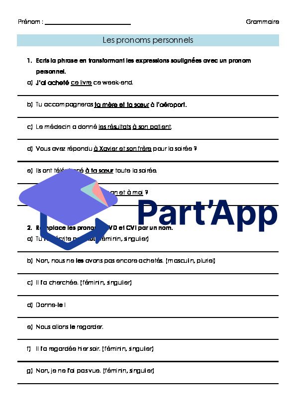 Français 7H-8H - Pronoms personnels (fiche d'exercices 2)_2