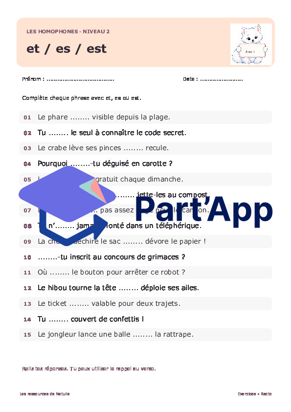 🐾 Mes fiches homophones et / es / est – 2 niveaux | 2 CHF 🐾_4