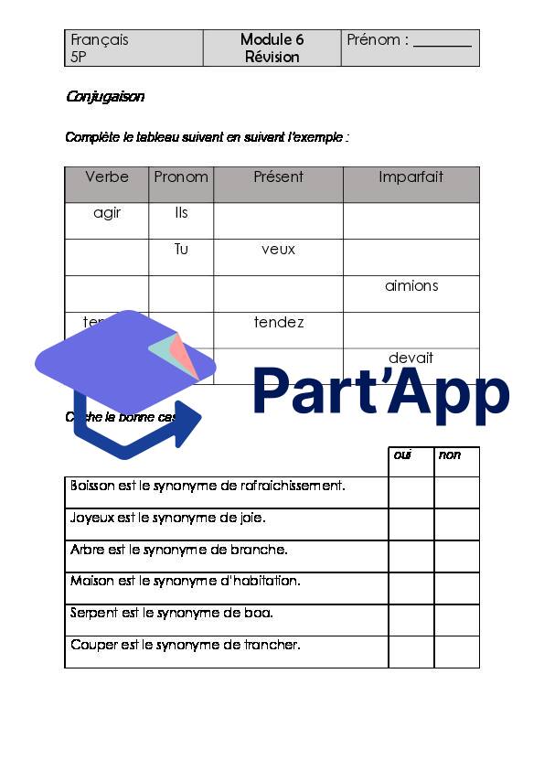 Français 5P - Module 6 -  Fiche (devoirs) révision Conjugaison - Vocabulaire_2
