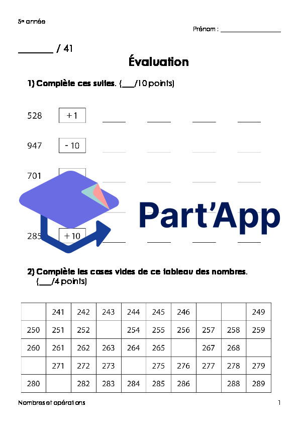 Evaluation de math 5e année (Nombres et Opérations) + fiche d'objectifs_2