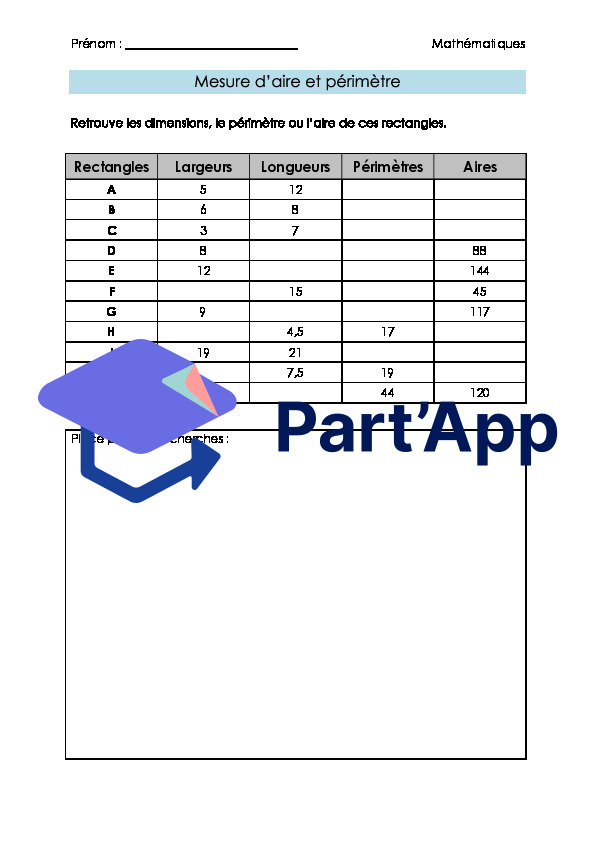 Maths 7H-8H - Mesure d'aire et périmètre, tableau (fiche d'exercices + corrigé)_2