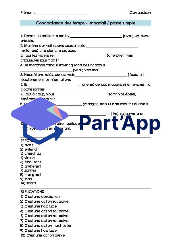 Français 7H-8H - Concordance imparfait / passé simple (fiche d'exercices + corrigé)_2