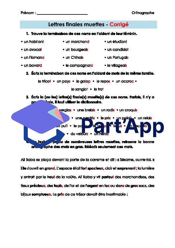 Français 7H-8H - Lettres finales muettes (fiche d'exercices + corrigé)_3