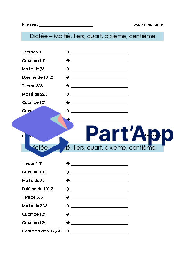 Maths 7H-8H - Moitié, tiers, quart, dixième, centième (fiche d'exercices + corrigé)_2