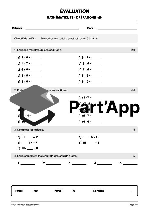 Évaluations math opérations additions et soustractions AV2_2
