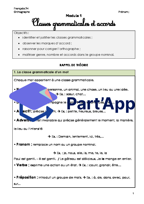Français 7H - Module 1 - Classes grammaticales et accords GN + corrigé_2